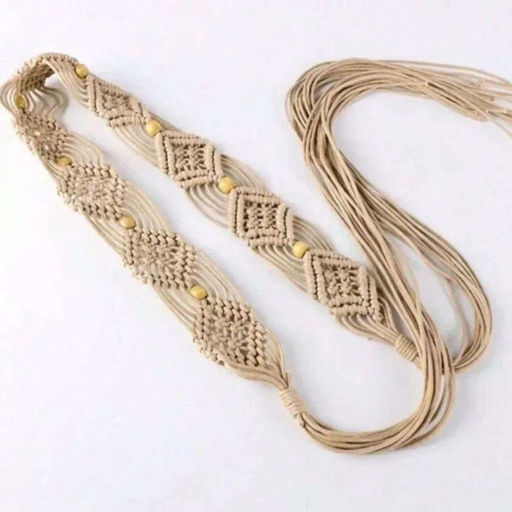 Boho Natural Woven Braided Bead Adjustable Wrap Belt